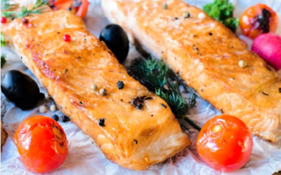 Seared salmon with Mediterranean style salad