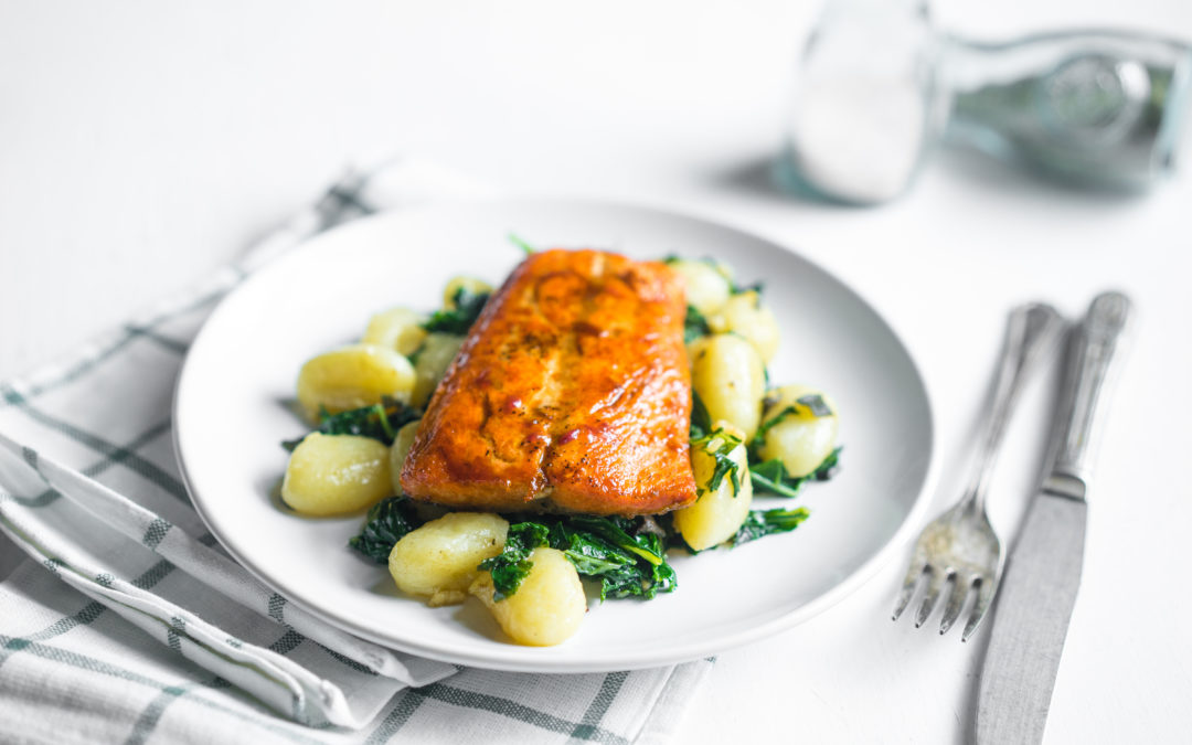 Salmon with Spinach, Bean Shoots & Potatoes